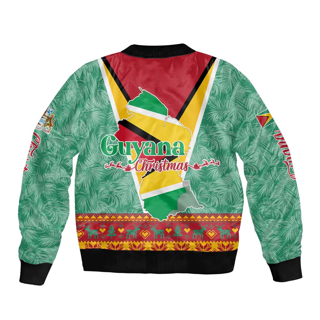 Guyana Christmas Santa Leopard Sleeve Zip Bomber Jacket with Green Red Yellow Gift and Map - Wonder Print Shop