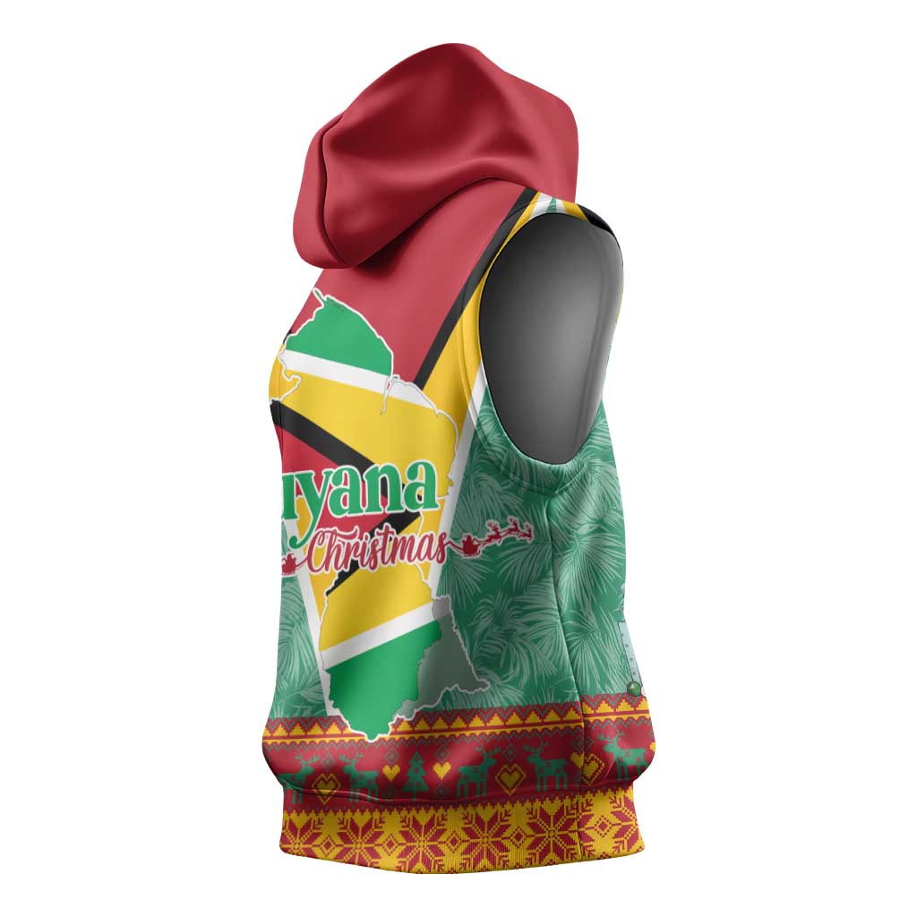 Guyana Christmas Santa Leopard Sleeveless Hoodie with Green Red Yellow Gift and Map - Wonder Print Shop