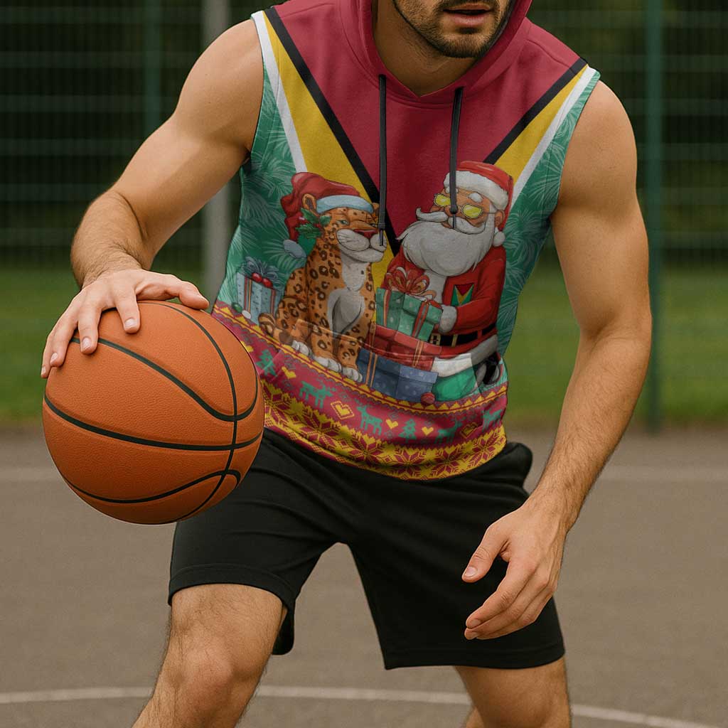 Guyana Christmas Santa Leopard Sleeveless Hoodie with Green Red Yellow Gift and Map - Wonder Print Shop