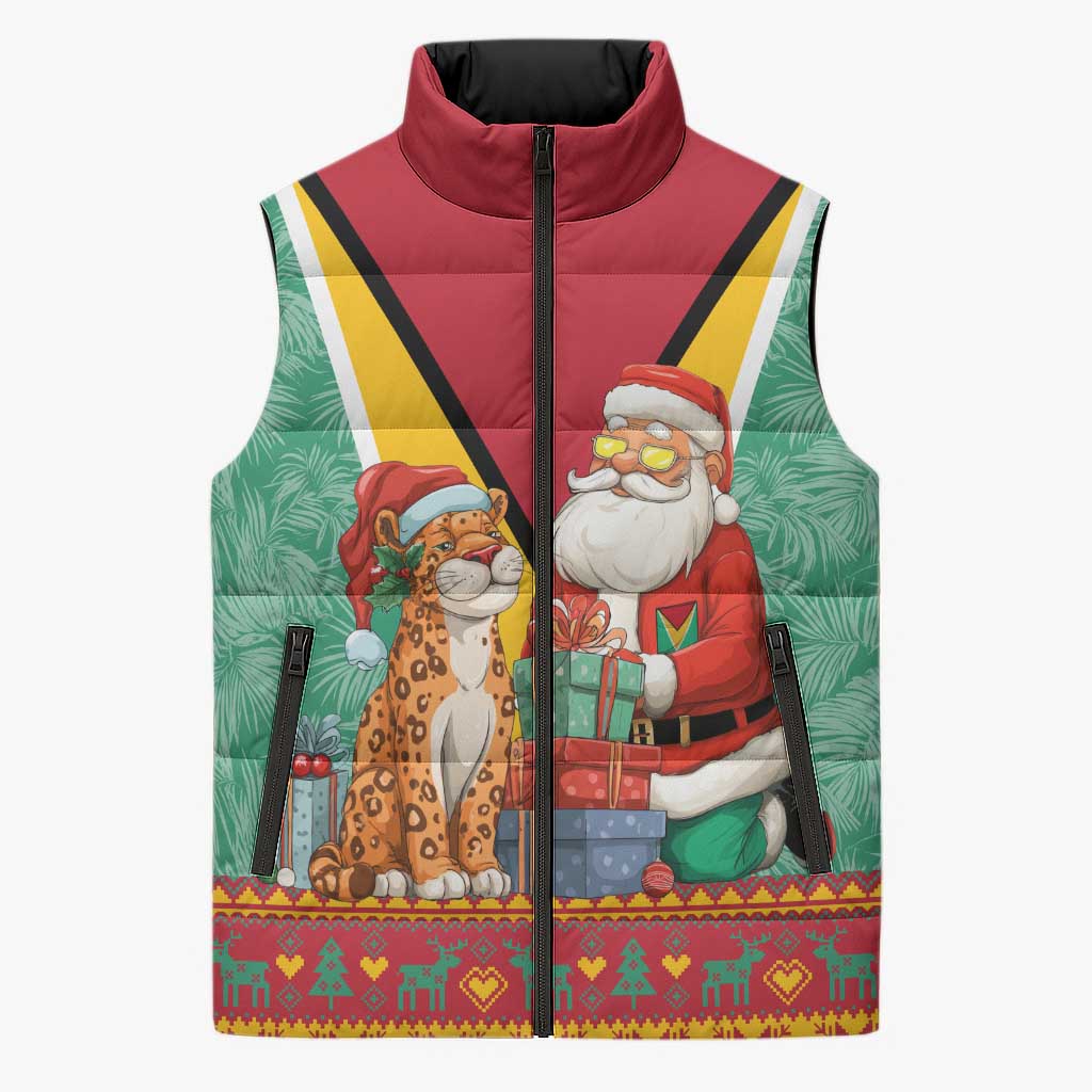 Guyana Christmas Santa Leopard Sleeveless Puffer Jacket with Green Red Yellow Gift and Map - Wonder Print Shop