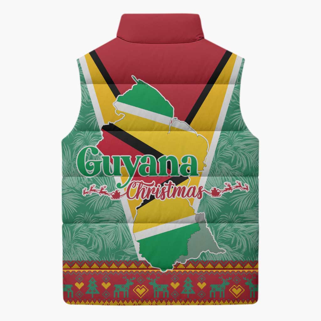Guyana Christmas Santa Leopard Sleeveless Puffer Jacket with Green Red Yellow Gift and Map - Wonder Print Shop