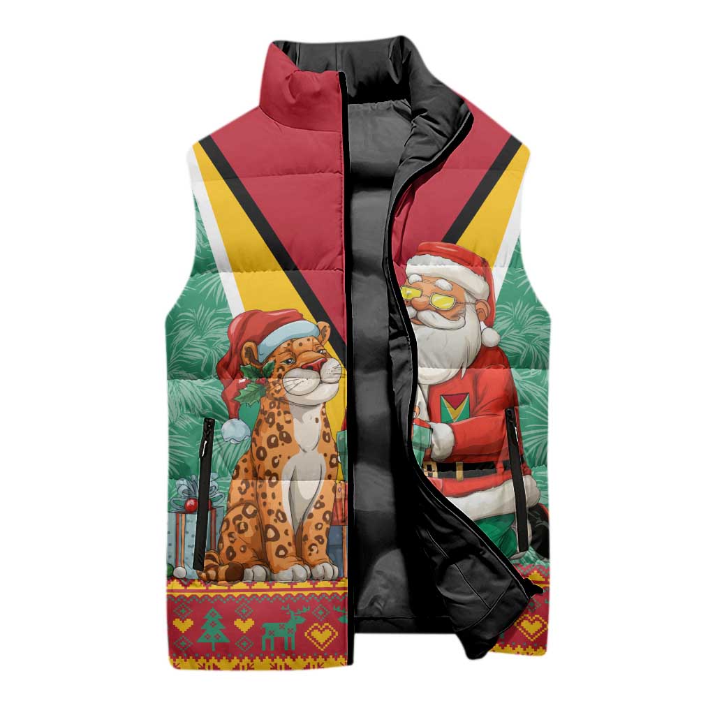 Guyana Christmas Santa Leopard Sleeveless Puffer Jacket with Green Red Yellow Gift and Map - Wonder Print Shop