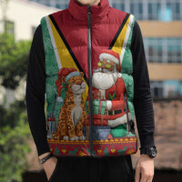 Guyana Christmas Santa Leopard Sleeveless Puffer Jacket with Green Red Yellow Gift and Map - Wonder Print Shop