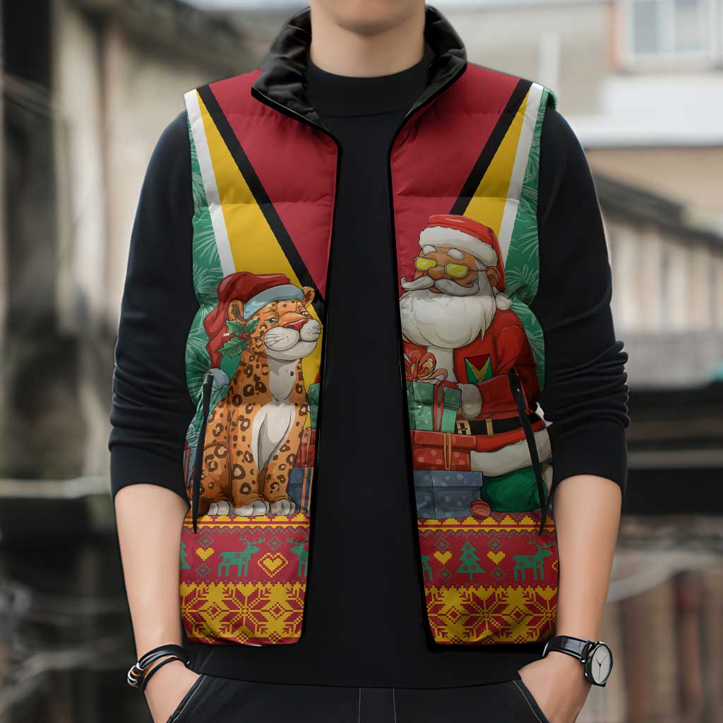 Guyana Christmas Santa Leopard Sleeveless Puffer Jacket with Green Red Yellow Gift and Map - Wonder Print Shop