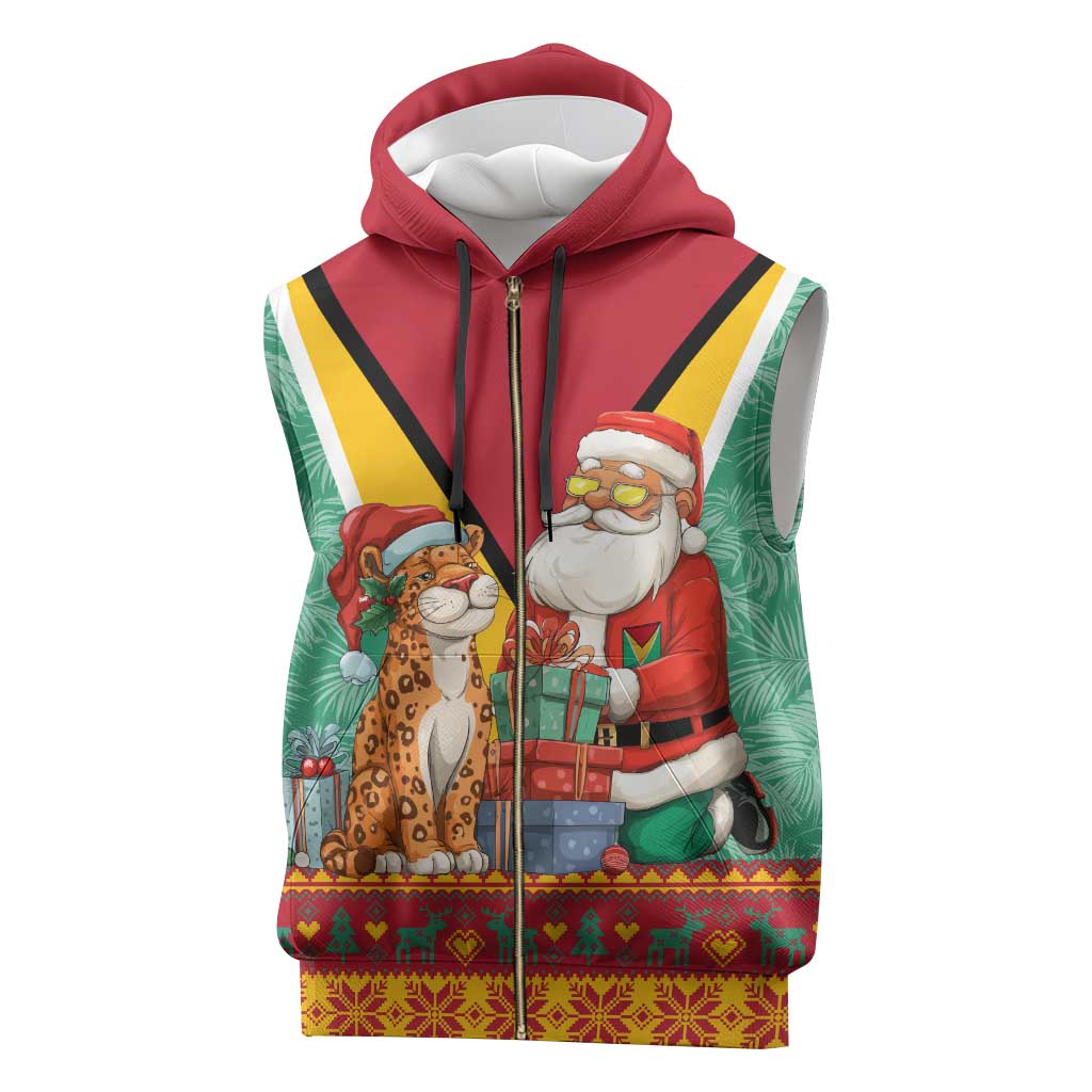 Guyana Christmas Santa Leopard Sleeveless Zip Hoodie with Green Red Yellow Gift and Map - Wonder Print Shop