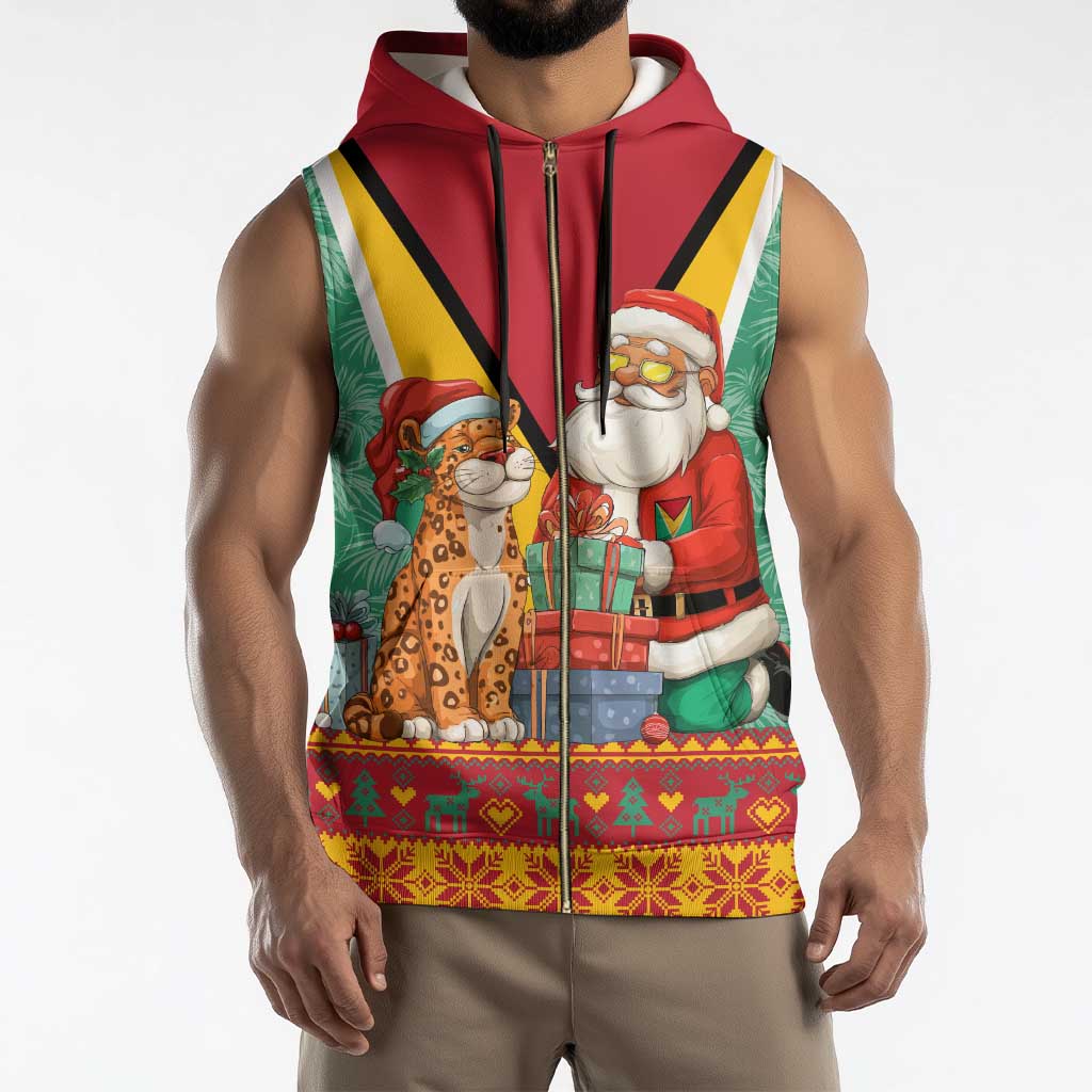 Guyana Christmas Santa Leopard Sleeveless Zip Hoodie with Green Red Yellow Gift and Map - Wonder Print Shop