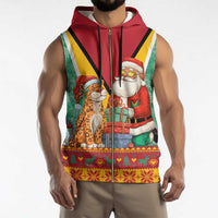 Guyana Christmas Santa Leopard Sleeveless Zip Hoodie with Green Red Yellow Gift and Map - Wonder Print Shop