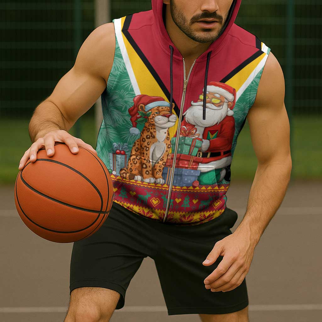 Guyana Christmas Santa Leopard Sleeveless Zip Hoodie with Green Red Yellow Gift and Map - Wonder Print Shop