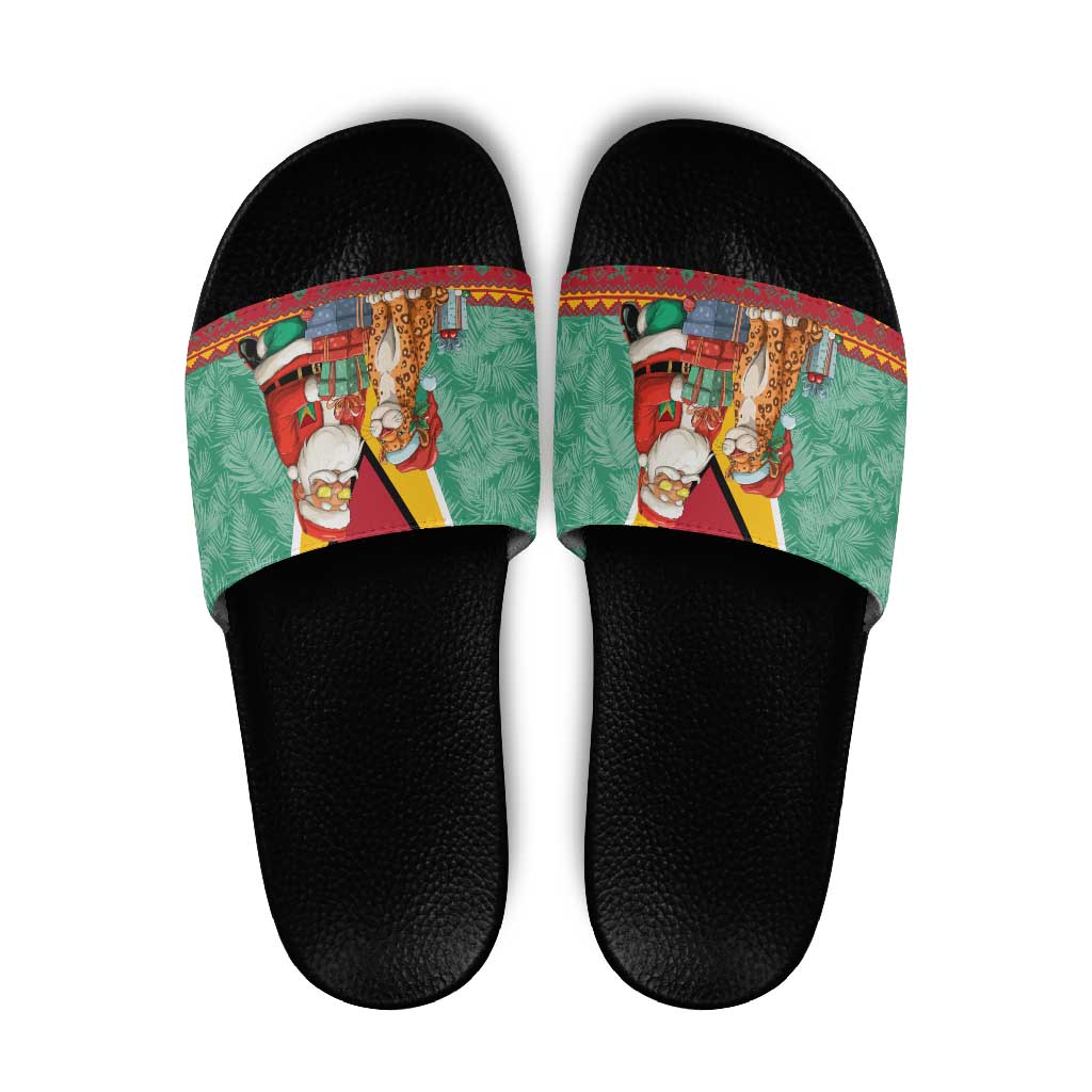 Guyana Christmas Santa Leopard Slide Sandals with Green Red Yellow Gift and Map - Wonder Print Shop