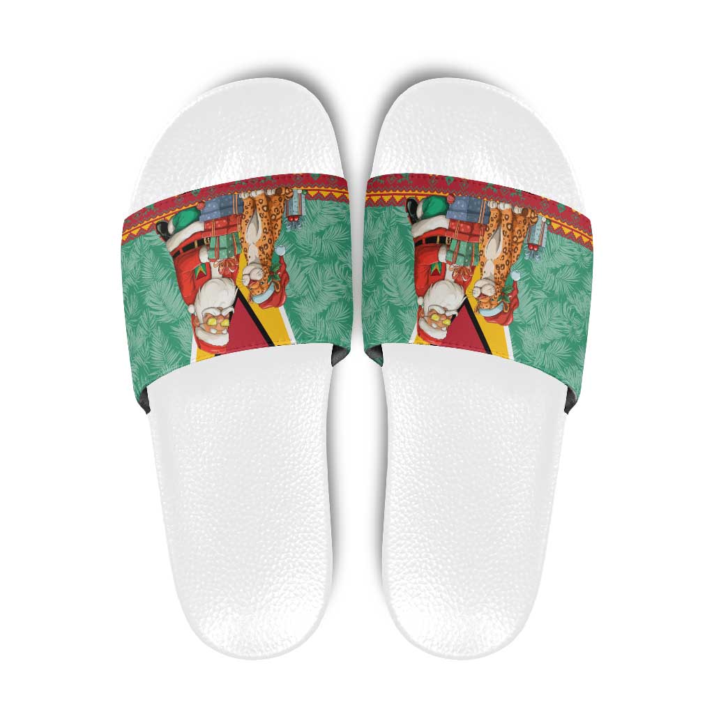 Guyana Christmas Santa Leopard Slide Sandals with Green Red Yellow Gift and Map - Wonder Print Shop