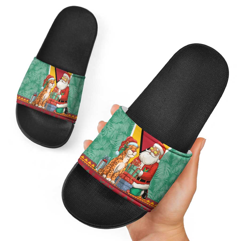 Guyana Christmas Santa Leopard Slide Sandals with Green Red Yellow Gift and Map - Wonder Print Shop