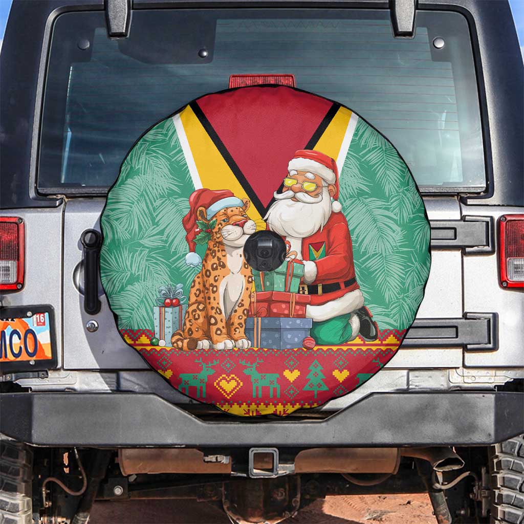 Guyana Christmas Santa Leopard Spare Tire Cover with Green Red Yellow Gift and Map - Wonder Print Shop