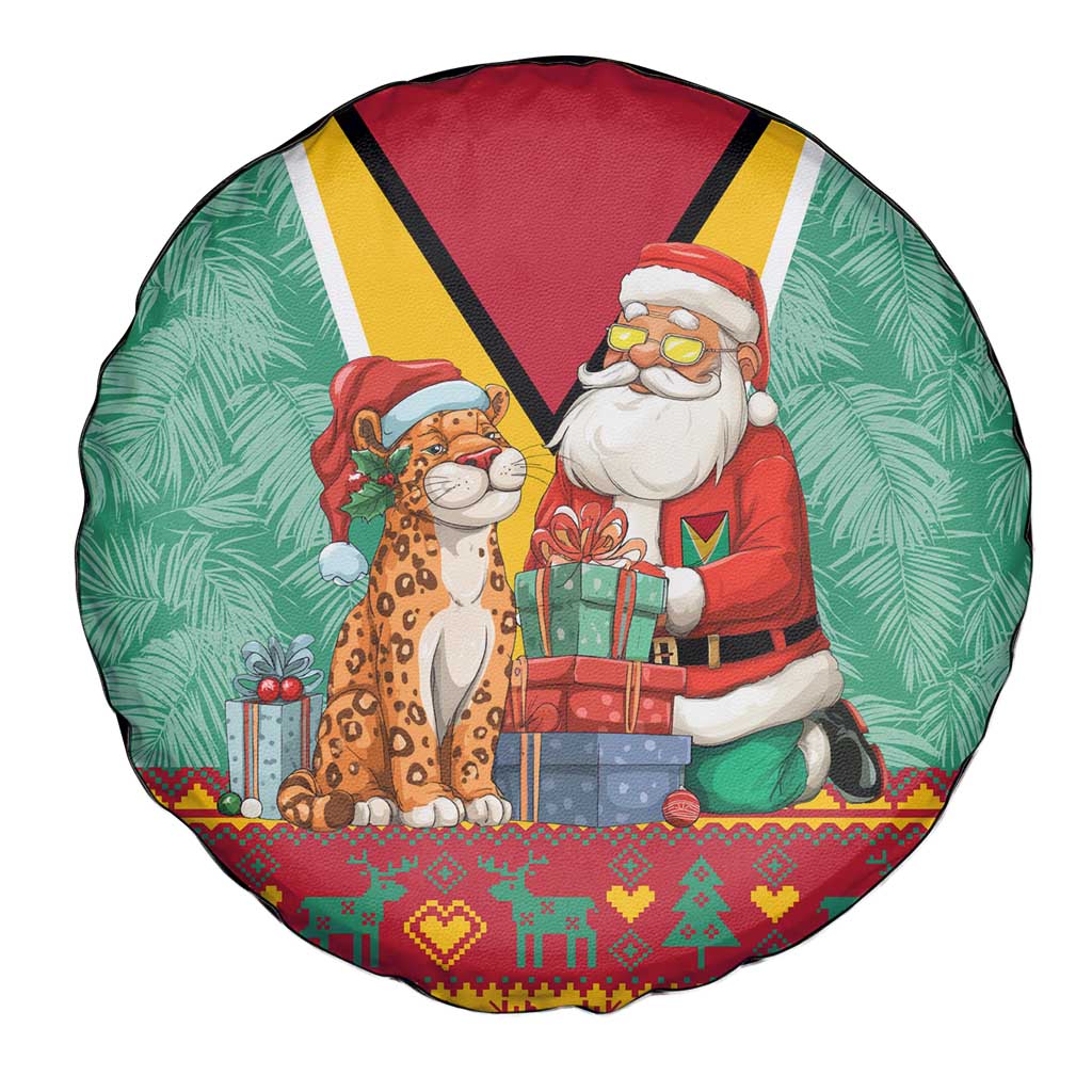Guyana Christmas Santa Leopard Spare Tire Cover with Green Red Yellow Gift and Map - Wonder Print Shop