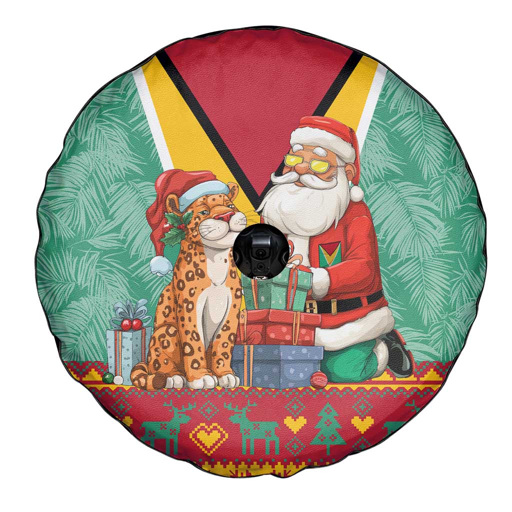Guyana Christmas Santa Leopard Spare Tire Cover with Green Red Yellow Gift and Map - Wonder Print Shop