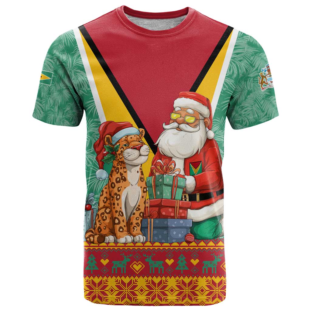 Guyana Christmas Santa Leopard T Shirt with Green Red Yellow Gift and Map - Wonder Print Shop