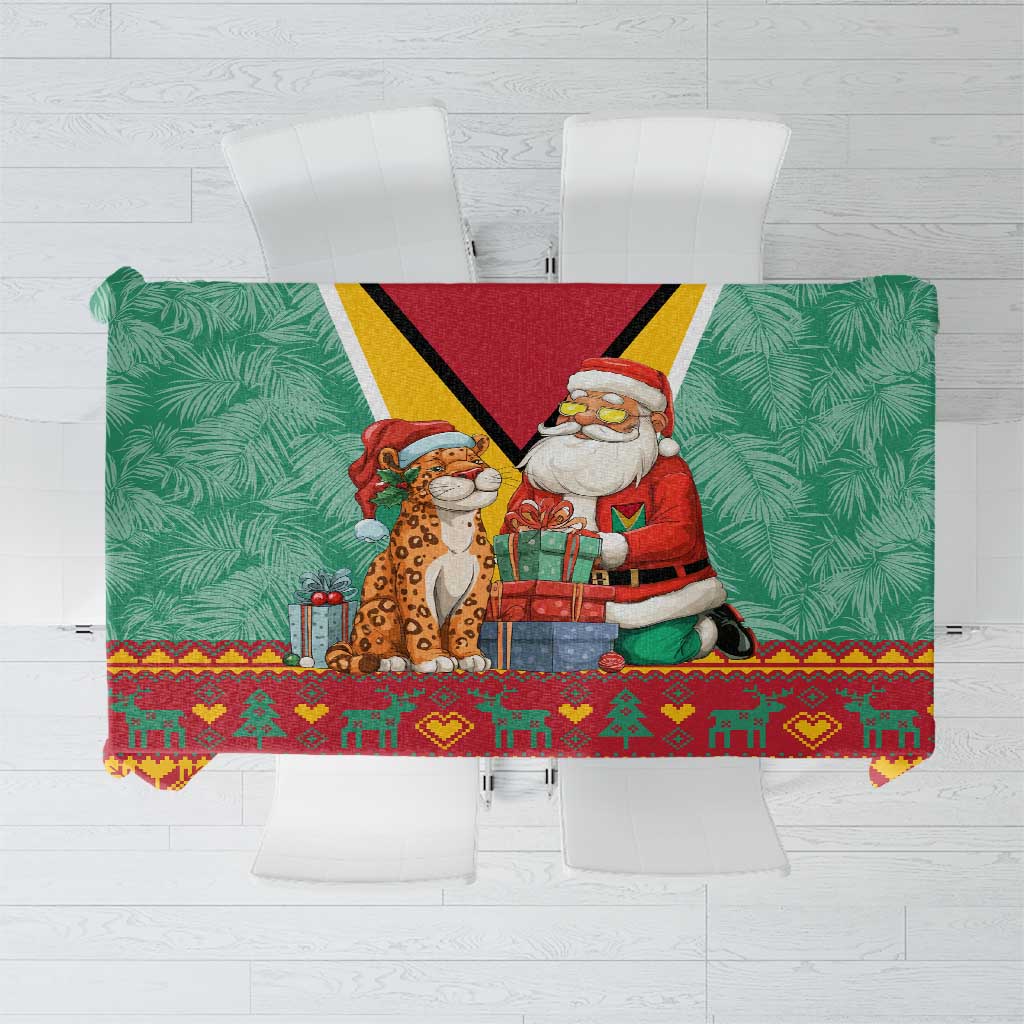 Guyana Christmas Santa Leopard Tablecloth with Green Red Yellow Gift and Map - Wonder Print Shop