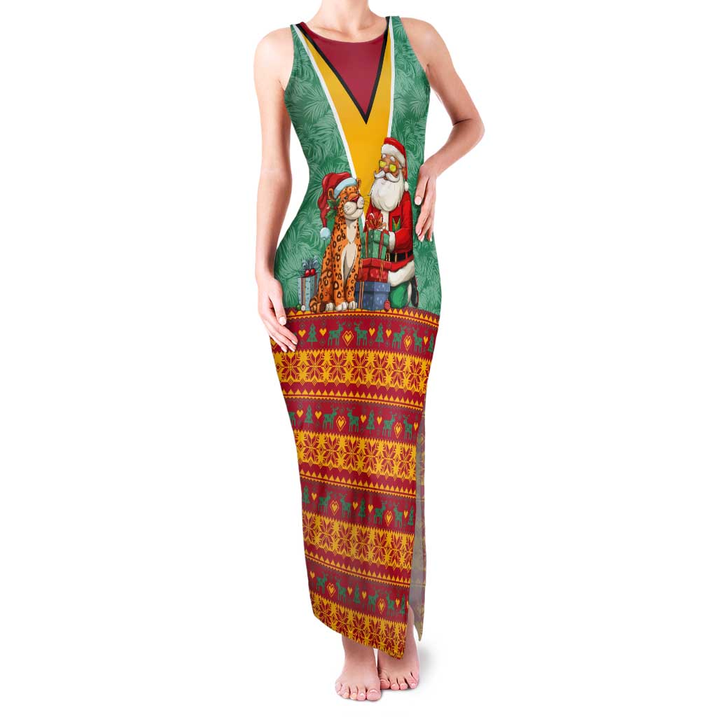 Guyana Christmas Santa Leopard Tank Maxi Dress with Green Red Yellow Gift and Map - Wonder Print Shop