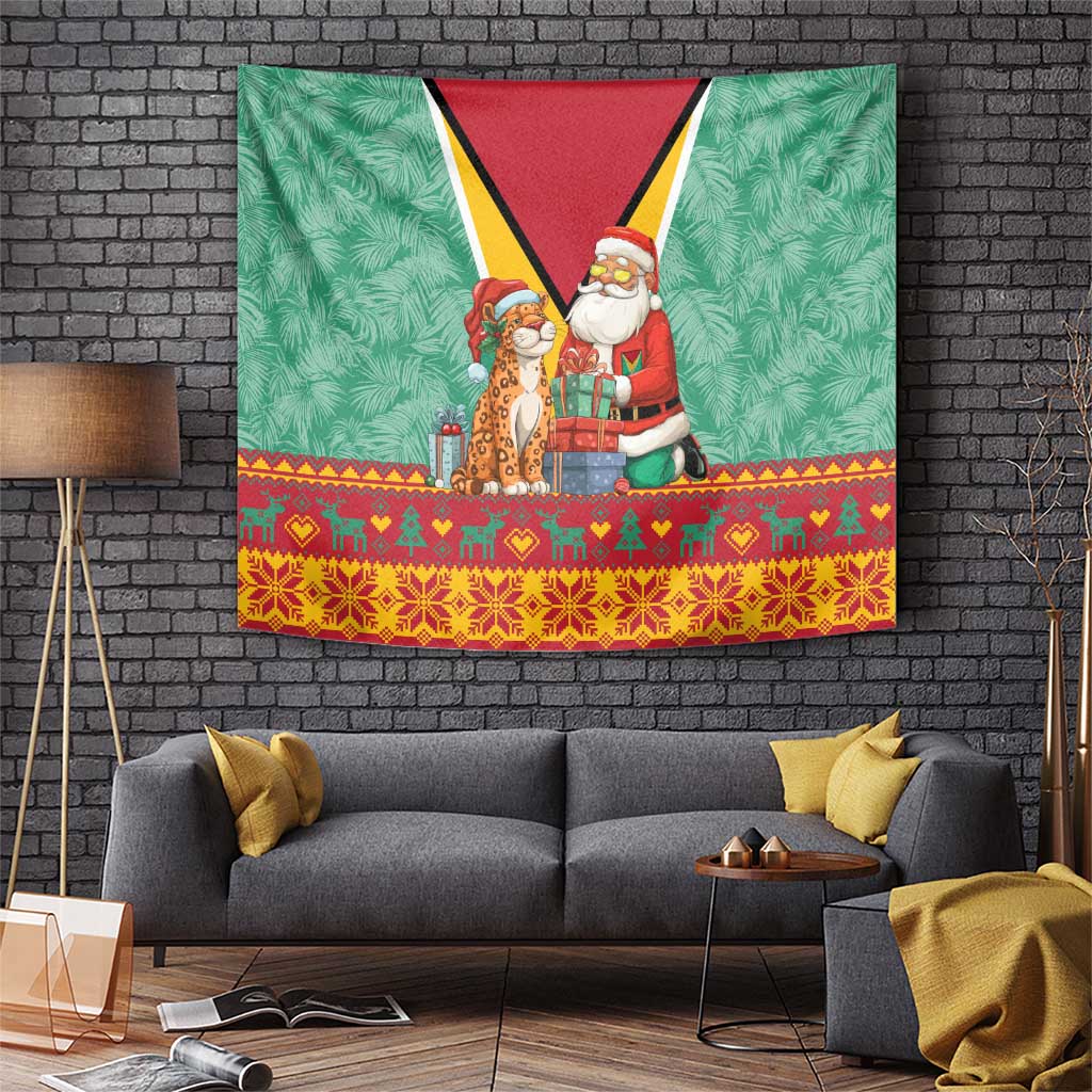 Guyana Christmas Santa Leopard Tapestry with Green Red Yellow Gift and Map - Wonder Print Shop