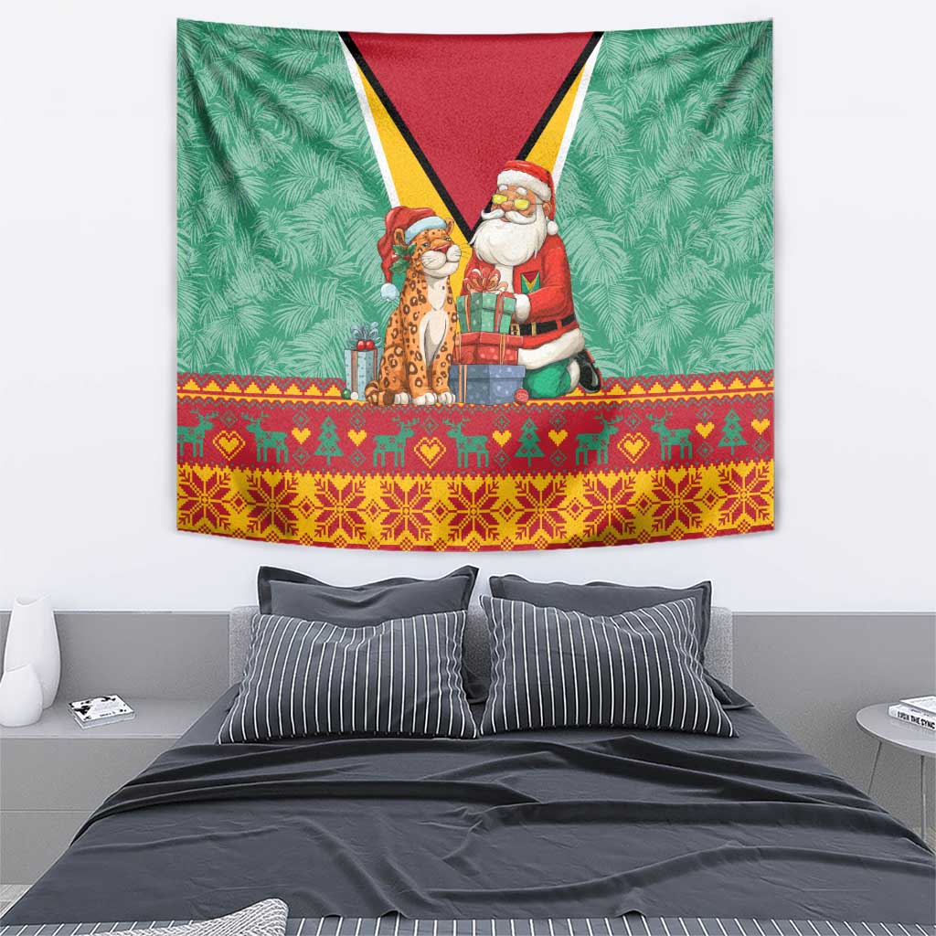 Guyana Christmas Santa Leopard Tapestry with Green Red Yellow Gift and Map - Wonder Print Shop