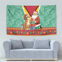 Guyana Christmas Santa Leopard Tapestry with Green Red Yellow Gift and Map - Wonder Print Shop