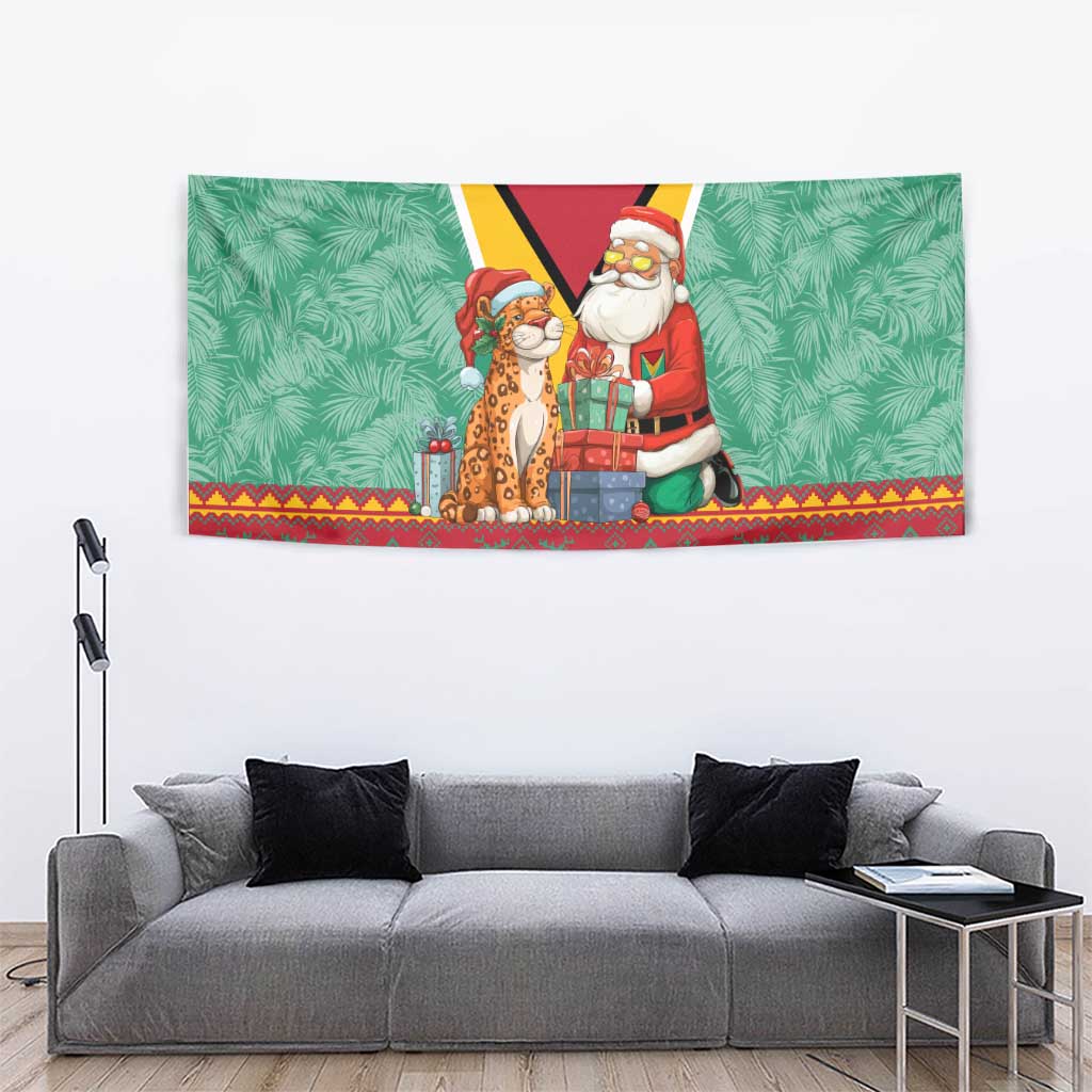 Guyana Christmas Santa Leopard Tapestry with Green Red Yellow Gift and Map - Wonder Print Shop