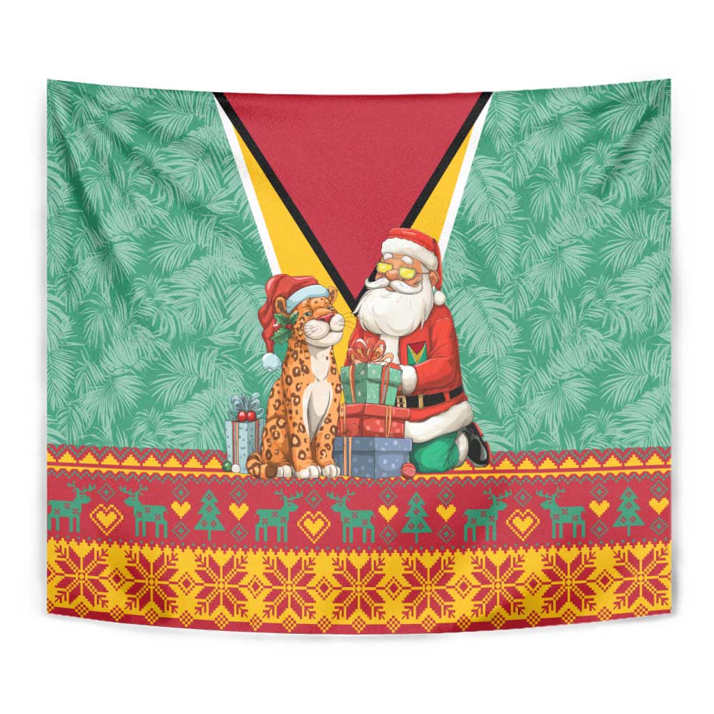 Guyana Christmas Santa Leopard Tapestry with Green Red Yellow Gift and Map - Wonder Print Shop