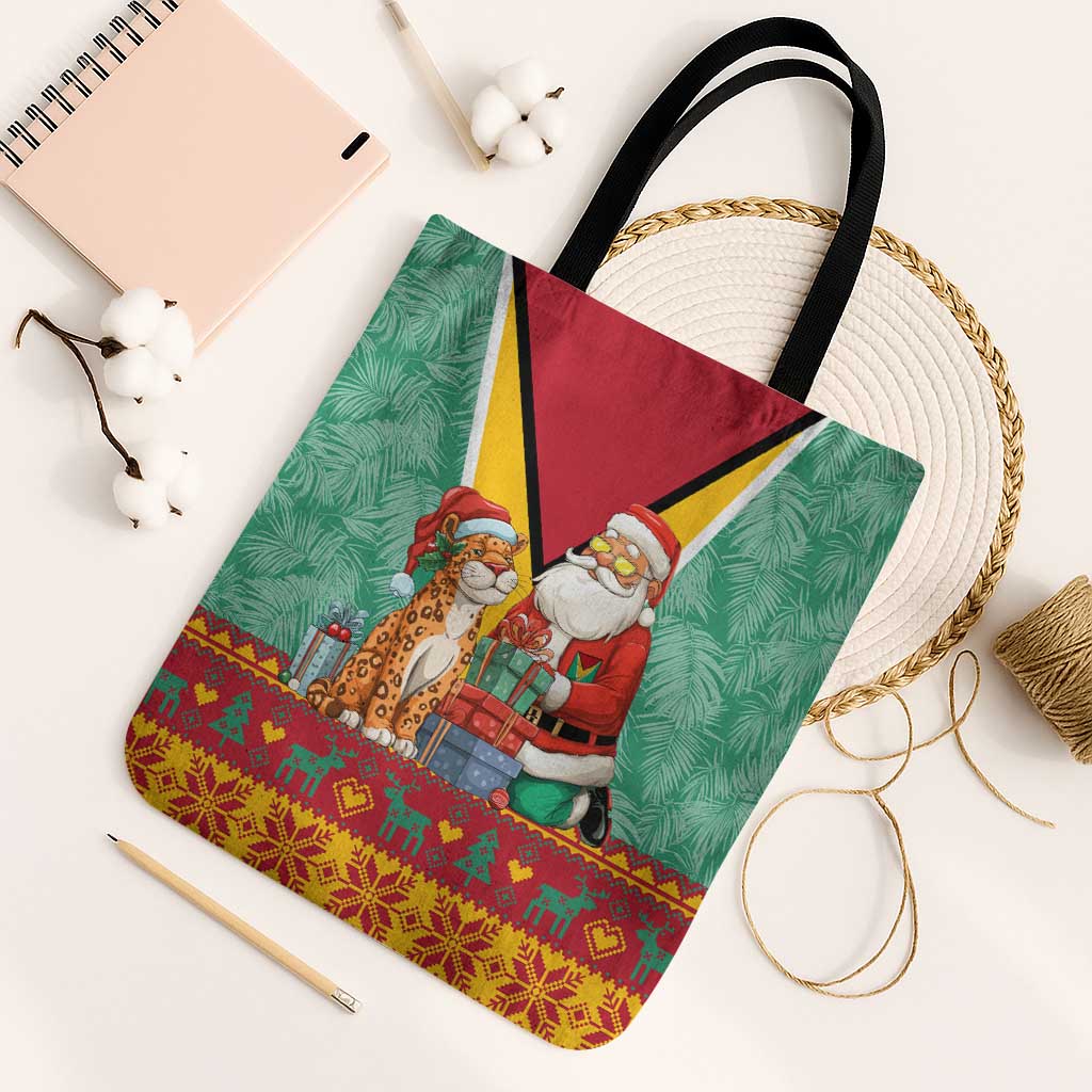 Guyana Christmas Santa Leopard Tote Bag with Green Red Yellow Gift and Map - Wonder Print Shop