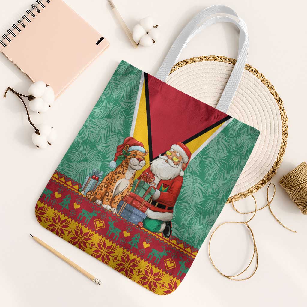 Guyana Christmas Santa Leopard Tote Bag with Green Red Yellow Gift and Map - Wonder Print Shop