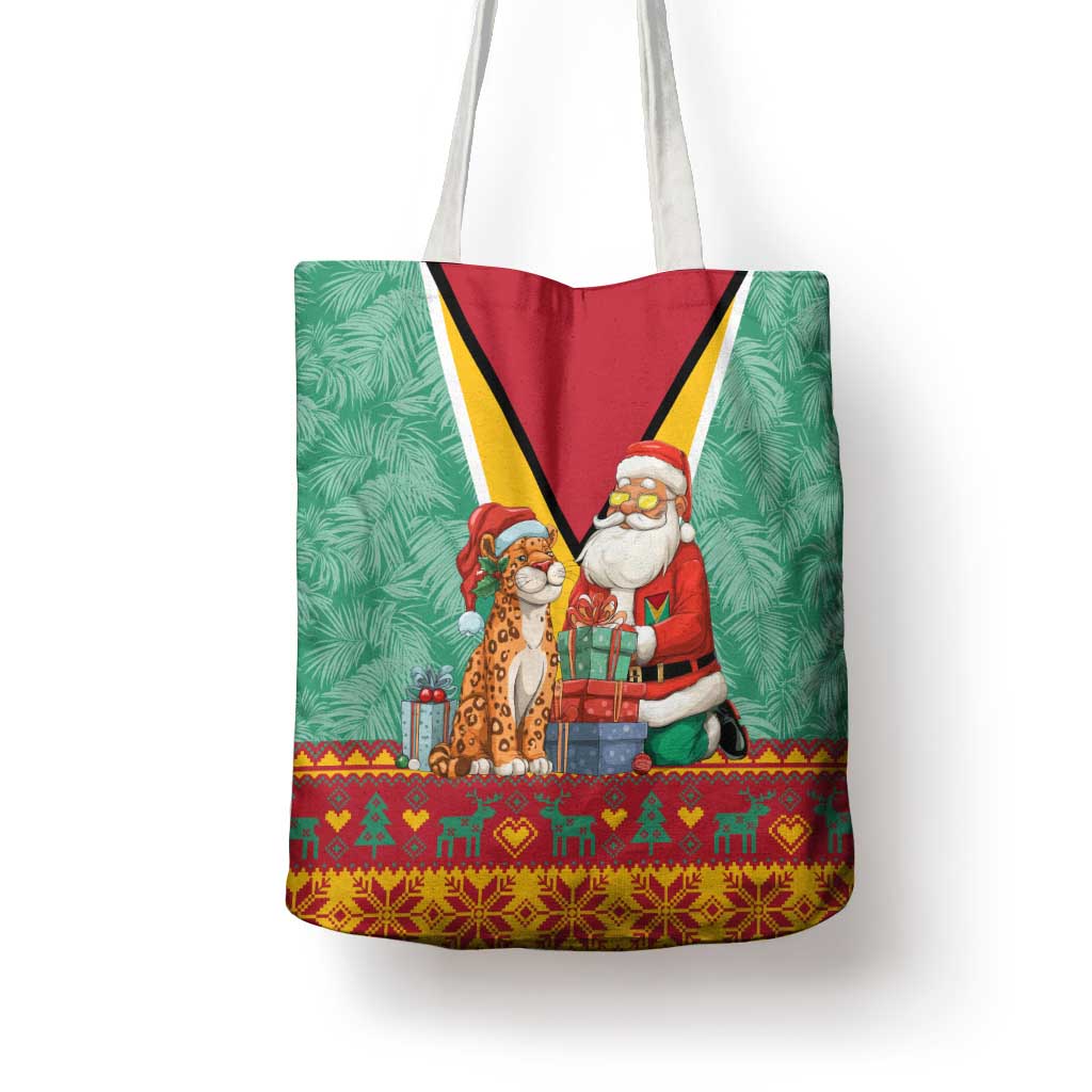 Guyana Christmas Santa Leopard Tote Bag with Green Red Yellow Gift and Map - Wonder Print Shop