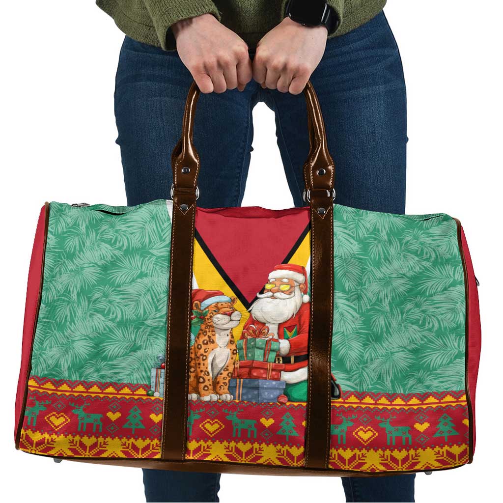 Guyana Christmas Santa Leopard Travel Bag with Green Red Yellow Gift and Map - Wonder Print Shop