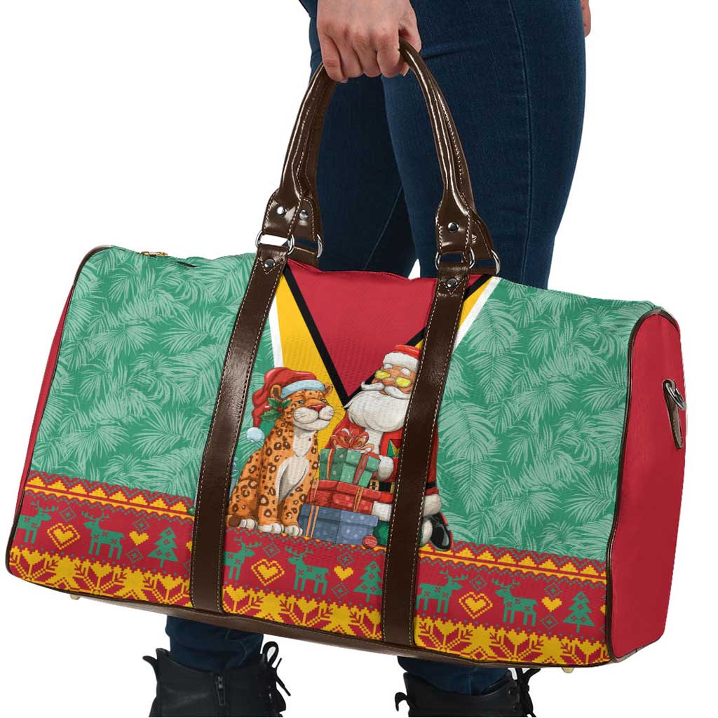 Guyana Christmas Santa Leopard Travel Bag with Green Red Yellow Gift and Map - Wonder Print Shop