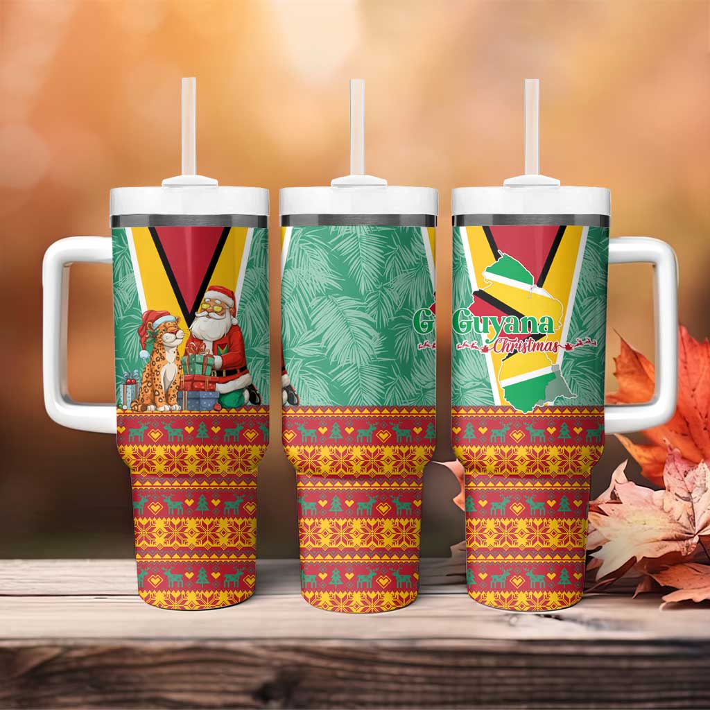 Guyana Christmas Santa Leopard Tumbler With Handle with Green Red Yellow Gift and Map - Wonder Print Shop