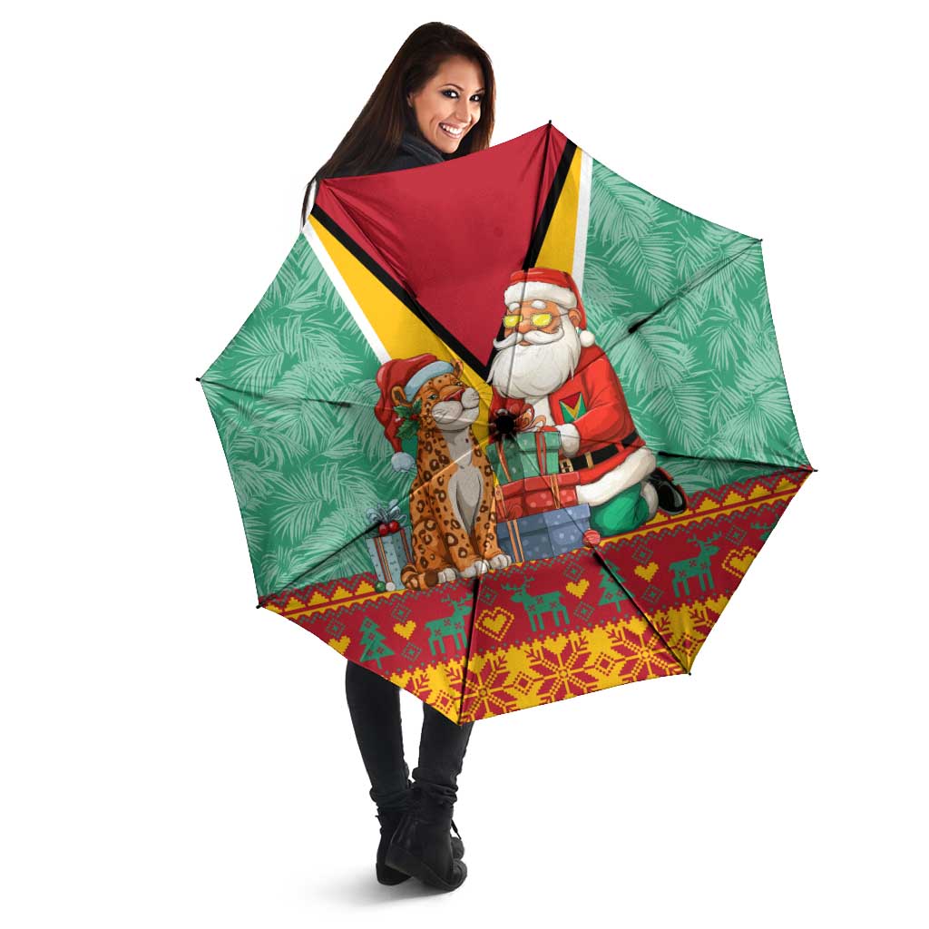Guyana Christmas Santa Leopard Umbrella with Green Red Yellow Gift and Map - Wonder Print Shop