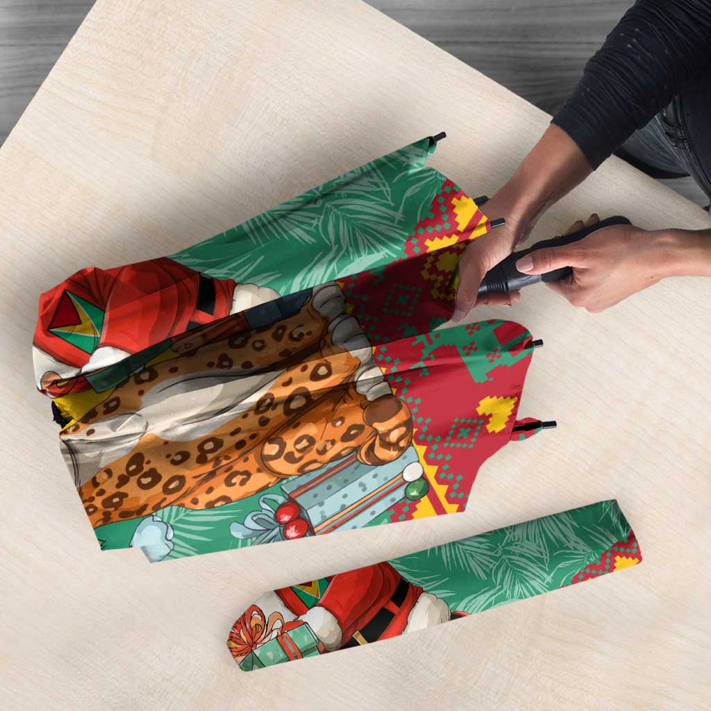 Guyana Christmas Santa Leopard Umbrella with Green Red Yellow Gift and Map - Wonder Print Shop