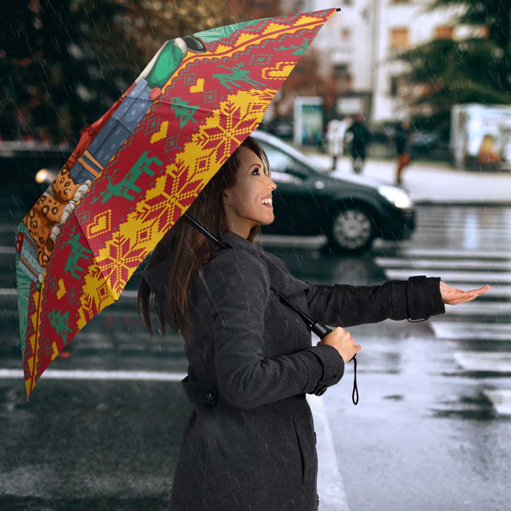 Guyana Christmas Santa Leopard Umbrella with Green Red Yellow Gift and Map - Wonder Print Shop