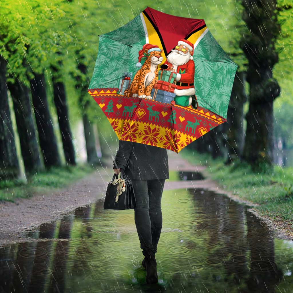 Guyana Christmas Santa Leopard Umbrella with Green Red Yellow Gift and Map - Wonder Print Shop
