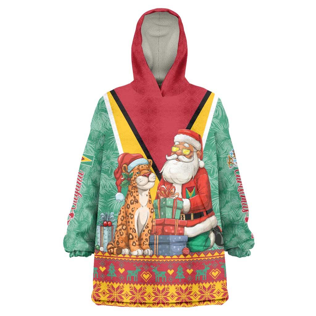 Guyana Christmas Santa Leopard Wearable Blanket Hoodie with Green Red Yellow Gift and Map - Wonder Print Shop