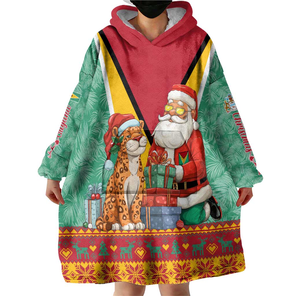 Guyana Christmas Santa Leopard Wearable Blanket Hoodie with Green Red Yellow Gift and Map - Wonder Print Shop