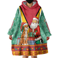 Guyana Christmas Santa Leopard Wearable Blanket Hoodie with Green Red Yellow Gift and Map - Wonder Print Shop