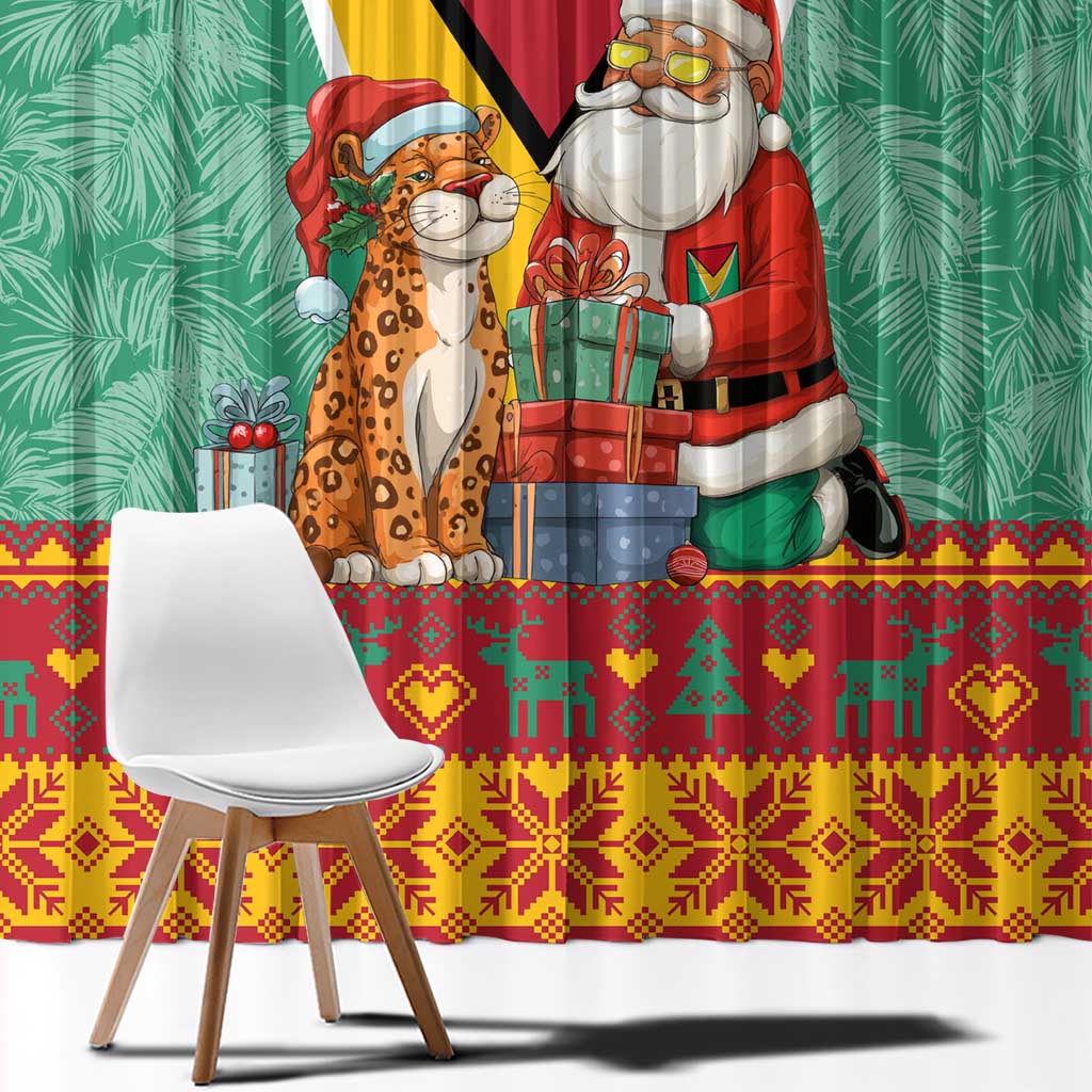 Guyana Christmas Santa Leopard Window Curtain with Green Red Yellow Gift and Map - Wonder Print Shop