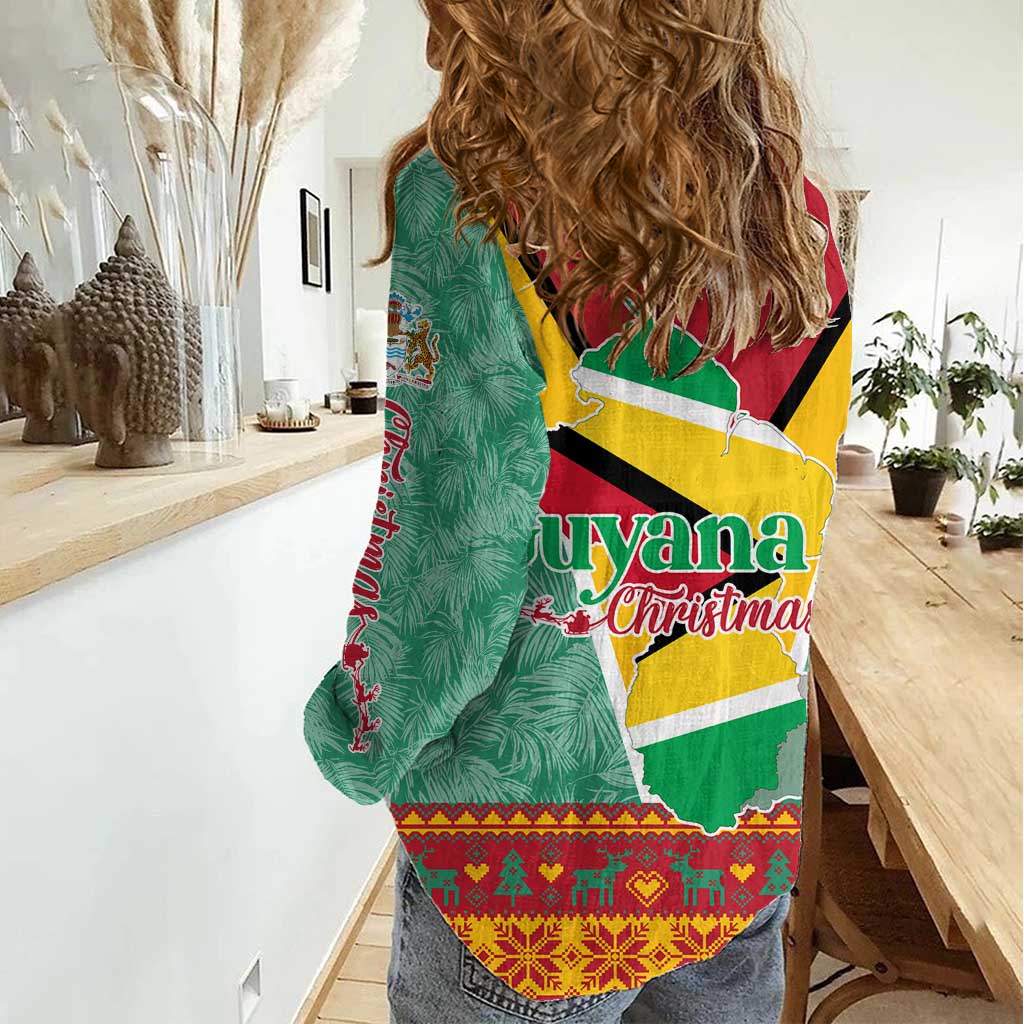 Guyana Christmas Santa Leopard Women Casual Shirt with Green Red Yellow Gift and Map - Wonder Print Shop