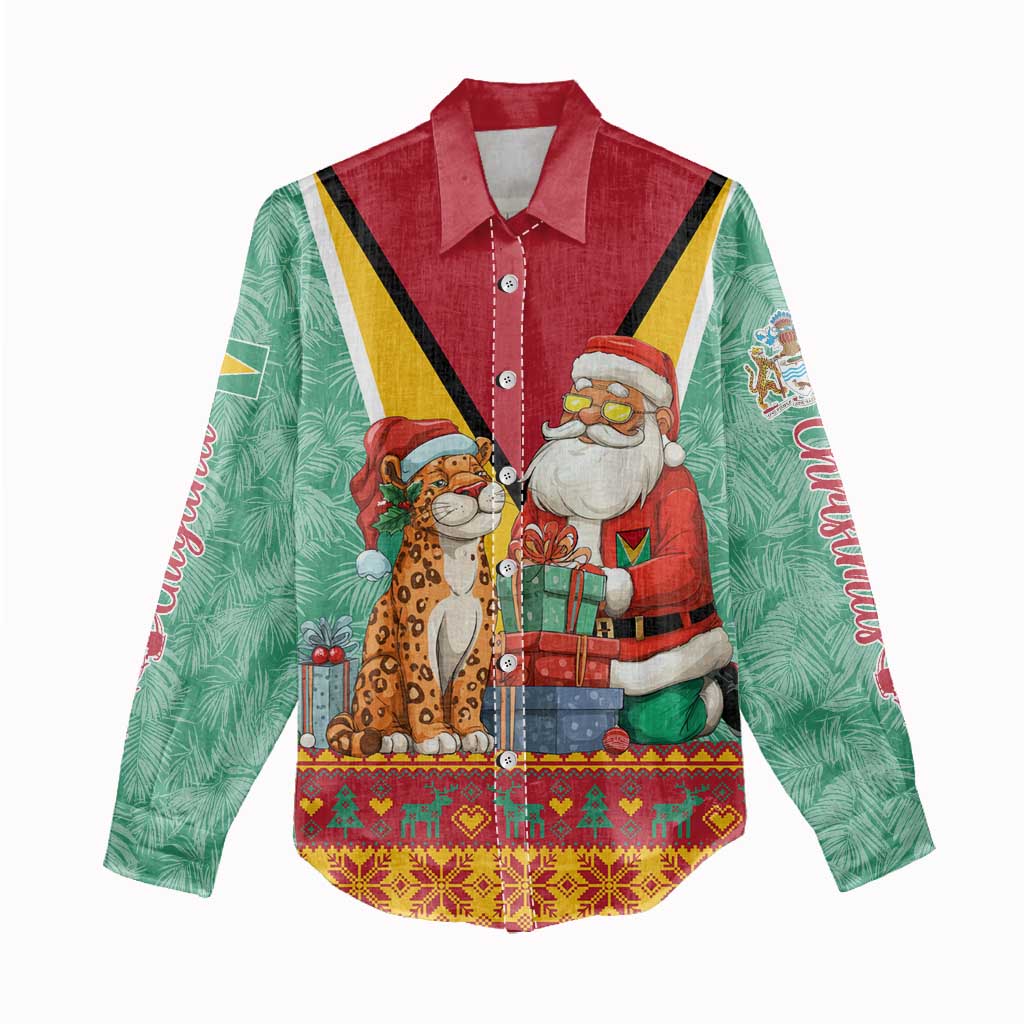 Guyana Christmas Santa Leopard Women Casual Shirt with Green Red Yellow Gift and Map - Wonder Print Shop