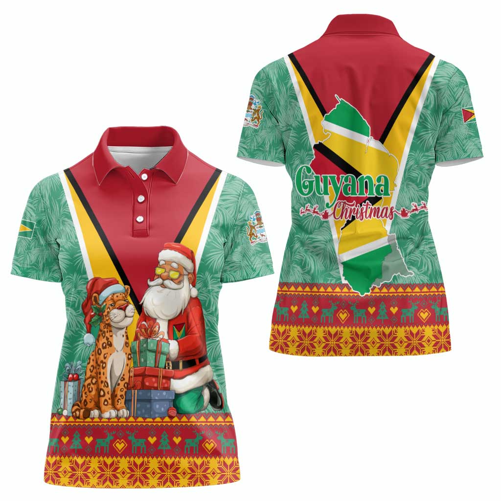 Guyana Christmas Santa Leopard Women Polo Shirt with Green Red Yellow Gift and Map - Wonder Print Shop