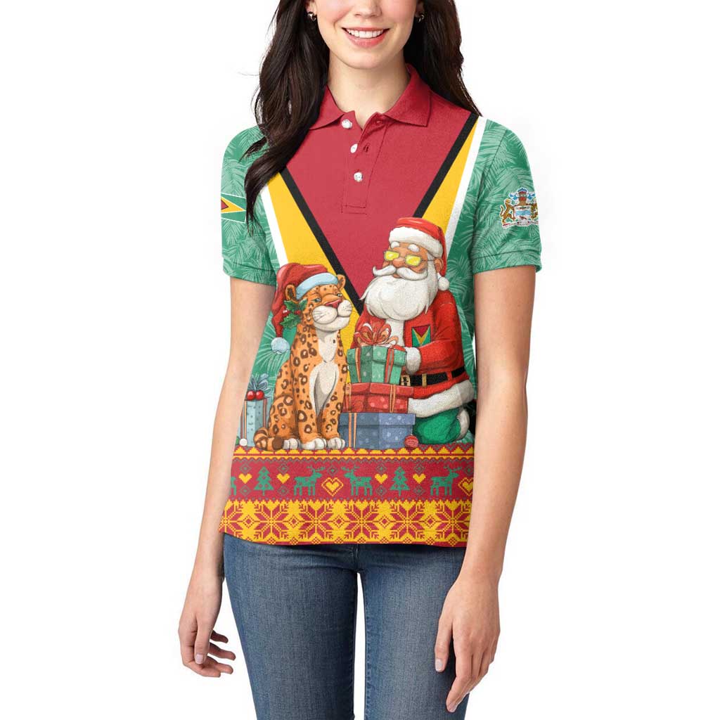 Guyana Christmas Santa Leopard Women Polo Shirt with Green Red Yellow Gift and Map - Wonder Print Shop