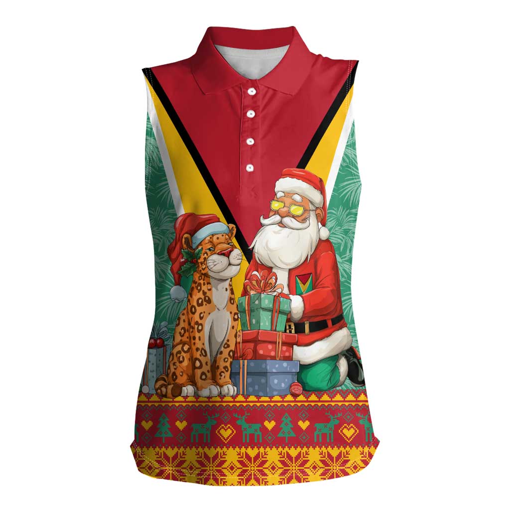 Guyana Christmas Santa Leopard Women Sleeveless Polo Shirt with Green Red Yellow Gift and Map - Wonder Print Shop