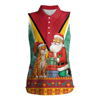 Guyana Christmas Santa Leopard Women Sleeveless Polo Shirt with Green Red Yellow Gift and Map - Wonder Print Shop