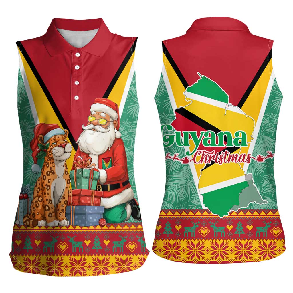 Guyana Christmas Santa Leopard Women Sleeveless Polo Shirt with Green Red Yellow Gift and Map - Wonder Print Shop