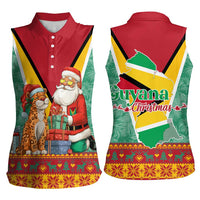 Guyana Christmas Santa Leopard Women Sleeveless Polo Shirt with Green Red Yellow Gift and Map - Wonder Print Shop
