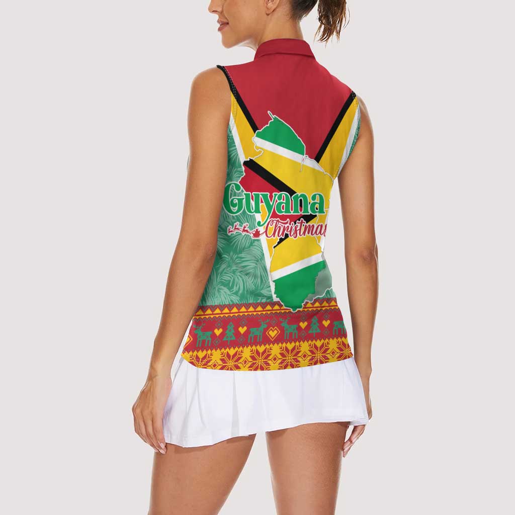 Guyana Christmas Santa Leopard Women Sleeveless Polo Shirt with Green Red Yellow Gift and Map - Wonder Print Shop