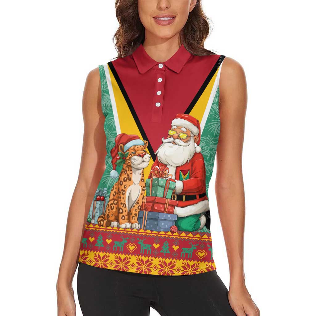Guyana Christmas Santa Leopard Women Sleeveless Polo Shirt with Green Red Yellow Gift and Map - Wonder Print Shop